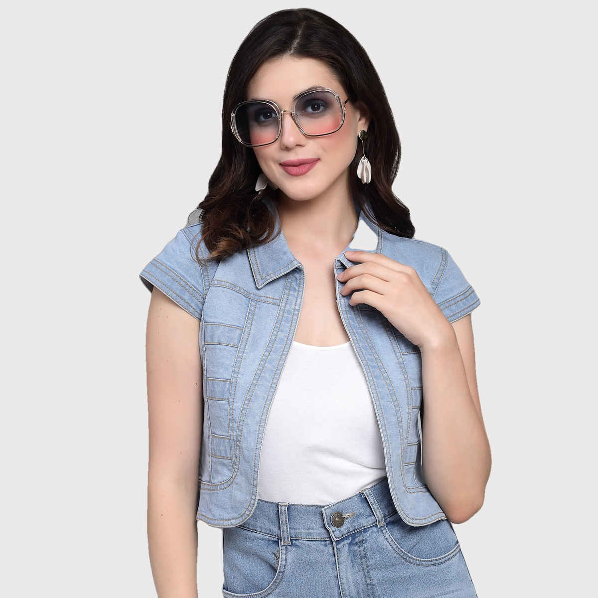 Style Quotient Women Denim Open Front Regular Shrug | S | SS23SQBUBBLY - Ice Blue