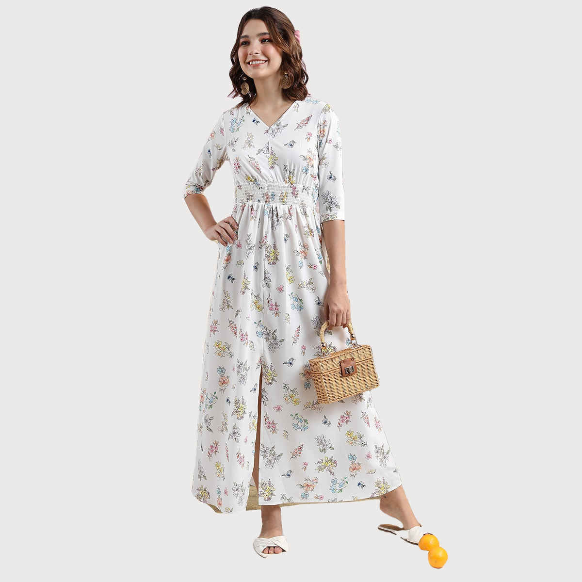 Ketch Women's Floral Printed V-Neck Smocked A-Line Maxi Dress | White - M