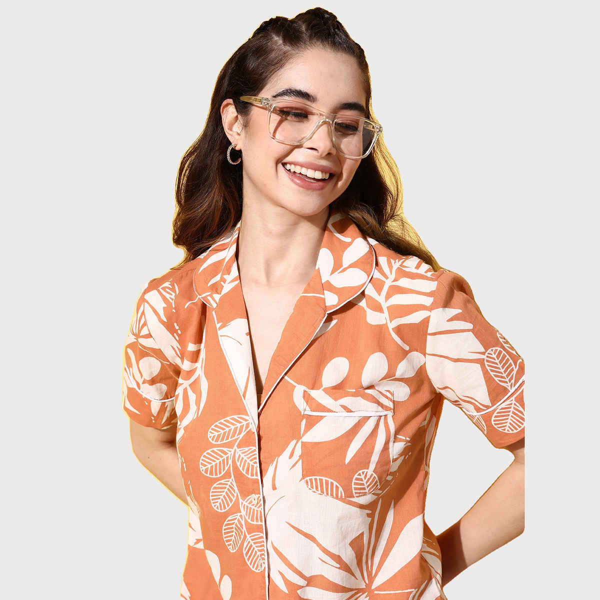 Sanskrutihomes Women Orange & White Pure Cotton Floral Printed Night Suit SE-NSP-92 | M