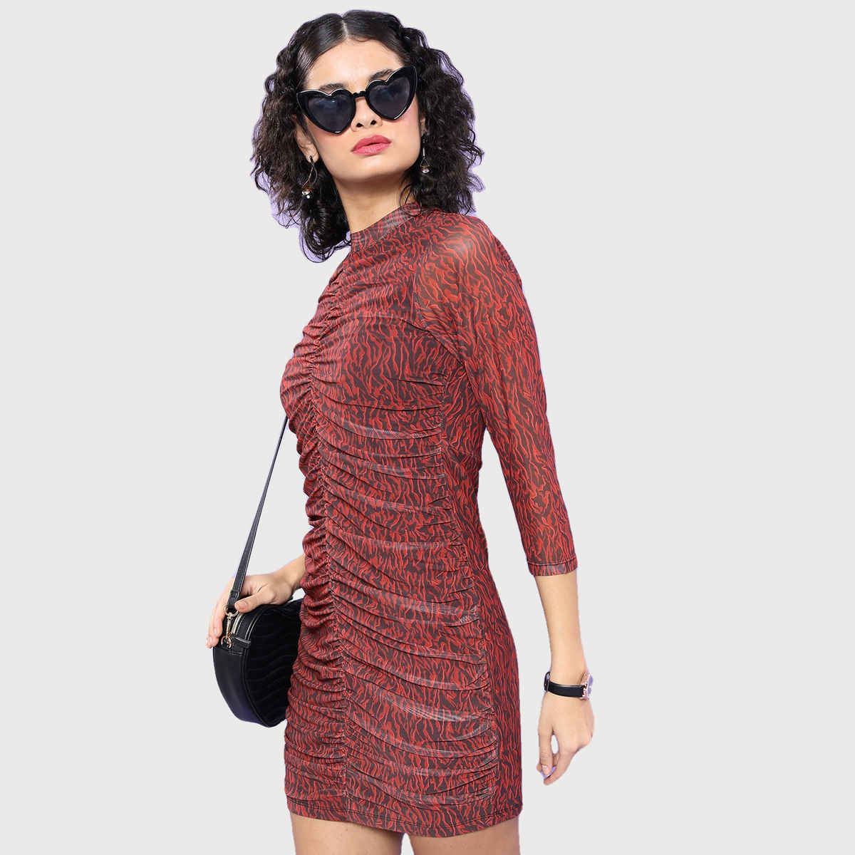 Ketch Women's Animal Printed High Neck Gathered Ruched Bodycon Mini Dress | Brown - S