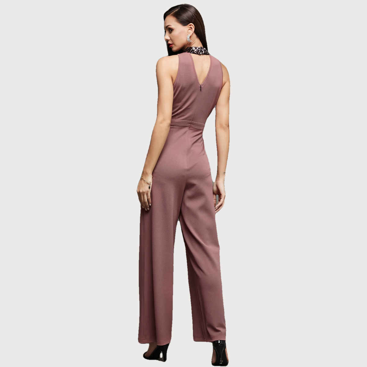 Miss Chase Women Sleeveless Embellished Halter Neck Regular Jumpsuit | Mauve | XL