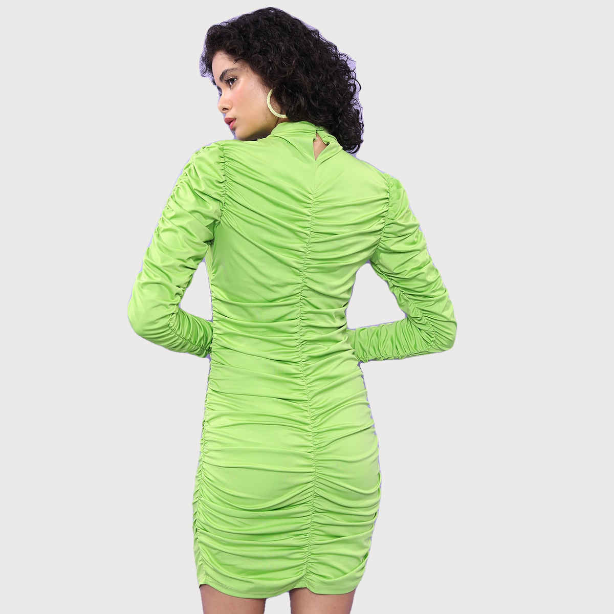 Ketch Women's High Neck Puff Sleeve Gathered Ruched Bodycon Dress | Green - XL