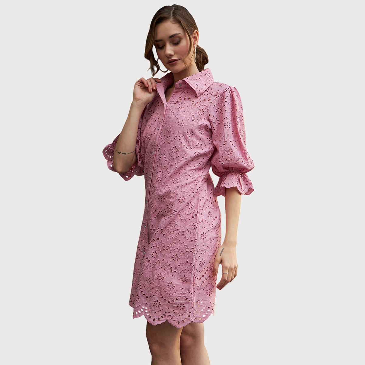 Athena Women's Self Design Schiffli Cotton Shirt Dress Pink - XL
