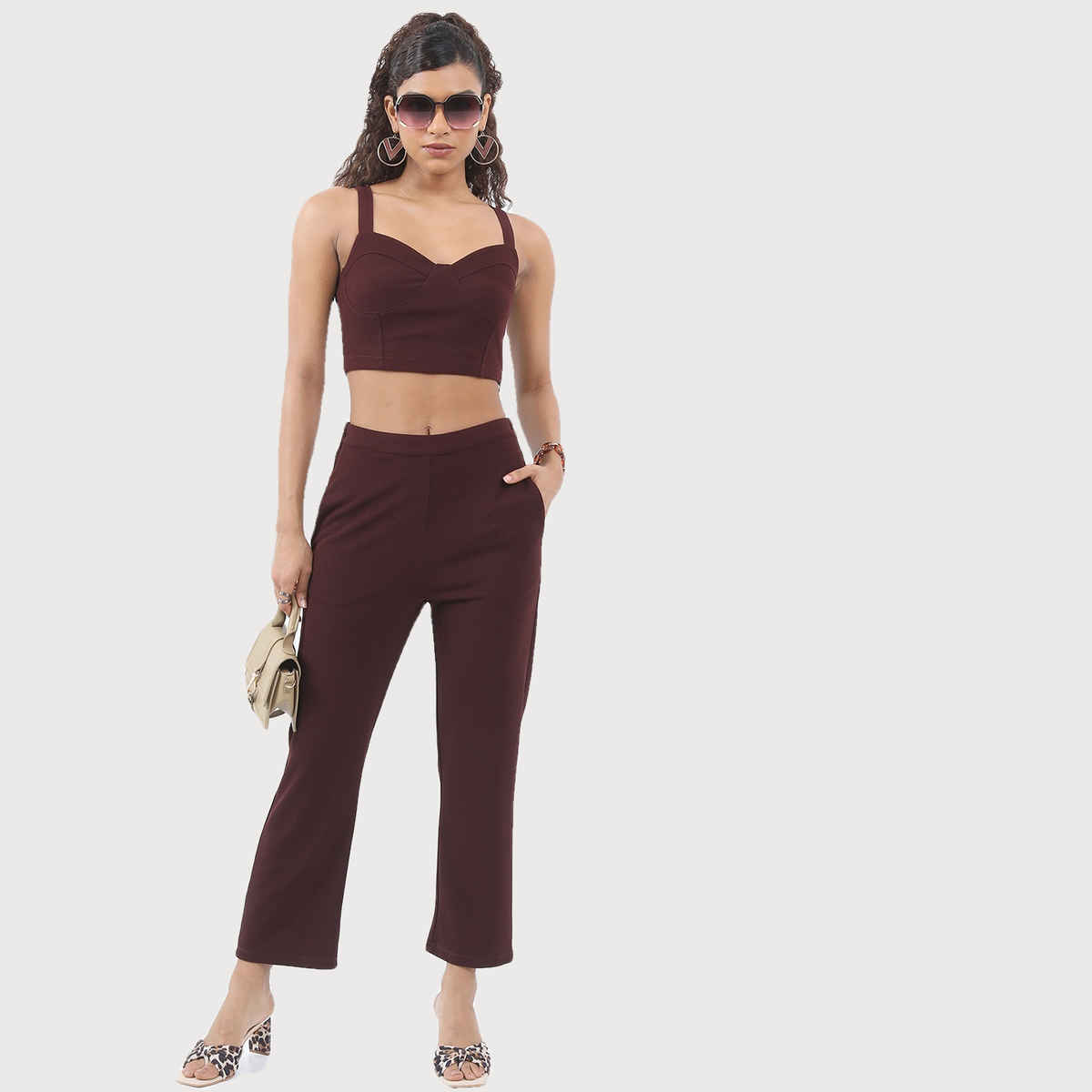 Ketch Women Sweet Heart Neck Crop Top Trousers Co-ords | Brown | L