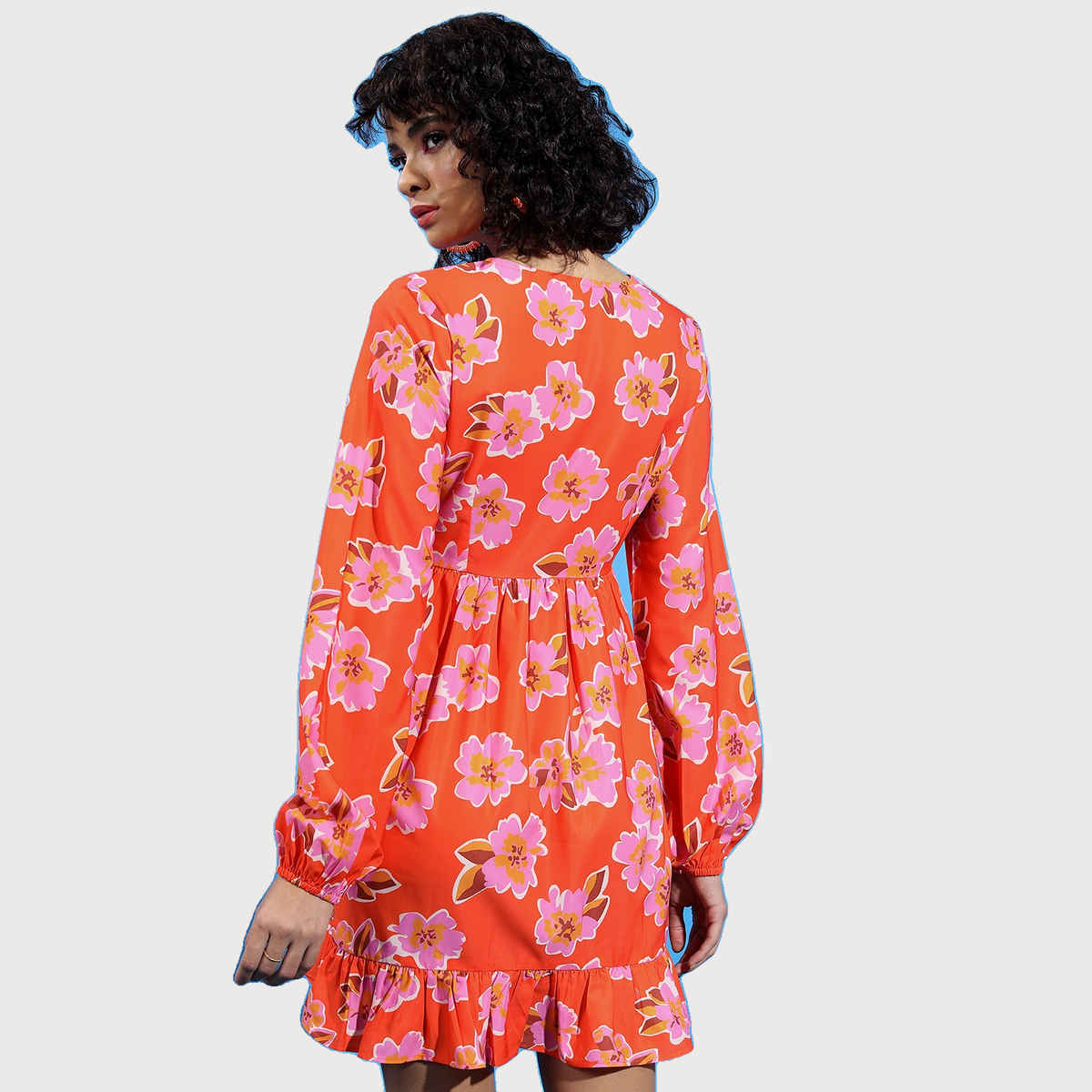 Ketch Women Floral Printed Puff Sleeves Tie-Up Detail Flounce Wrap Dress | Orange | M