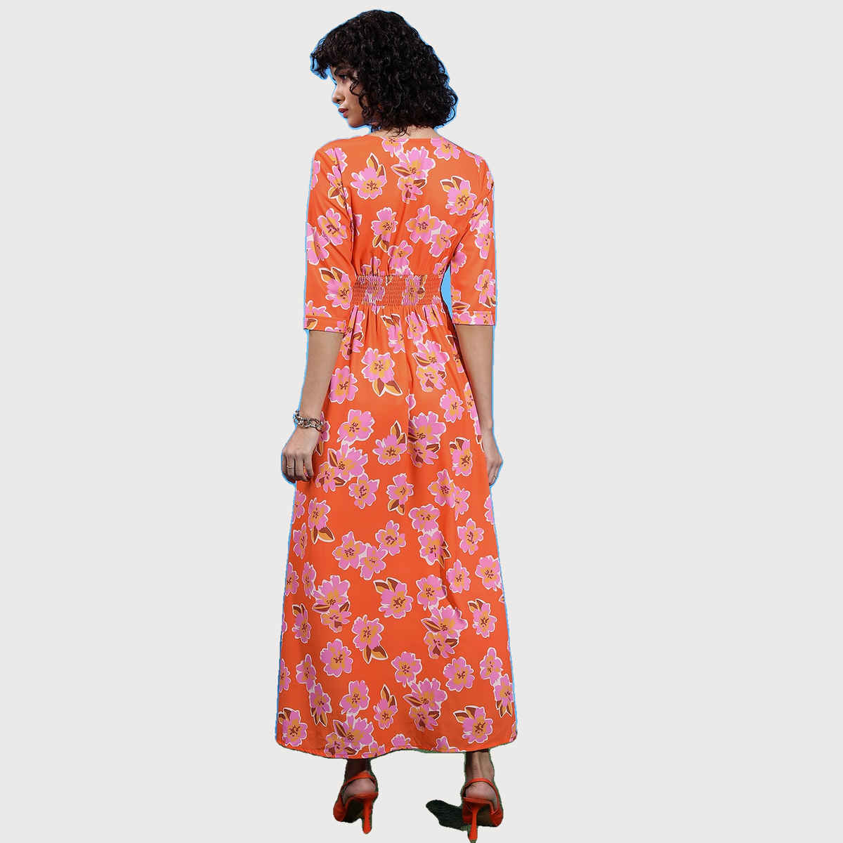 Ketch Women's Floral Printed V-Neck Smocked Fit & Flare Maxi Dress | Orange - XL