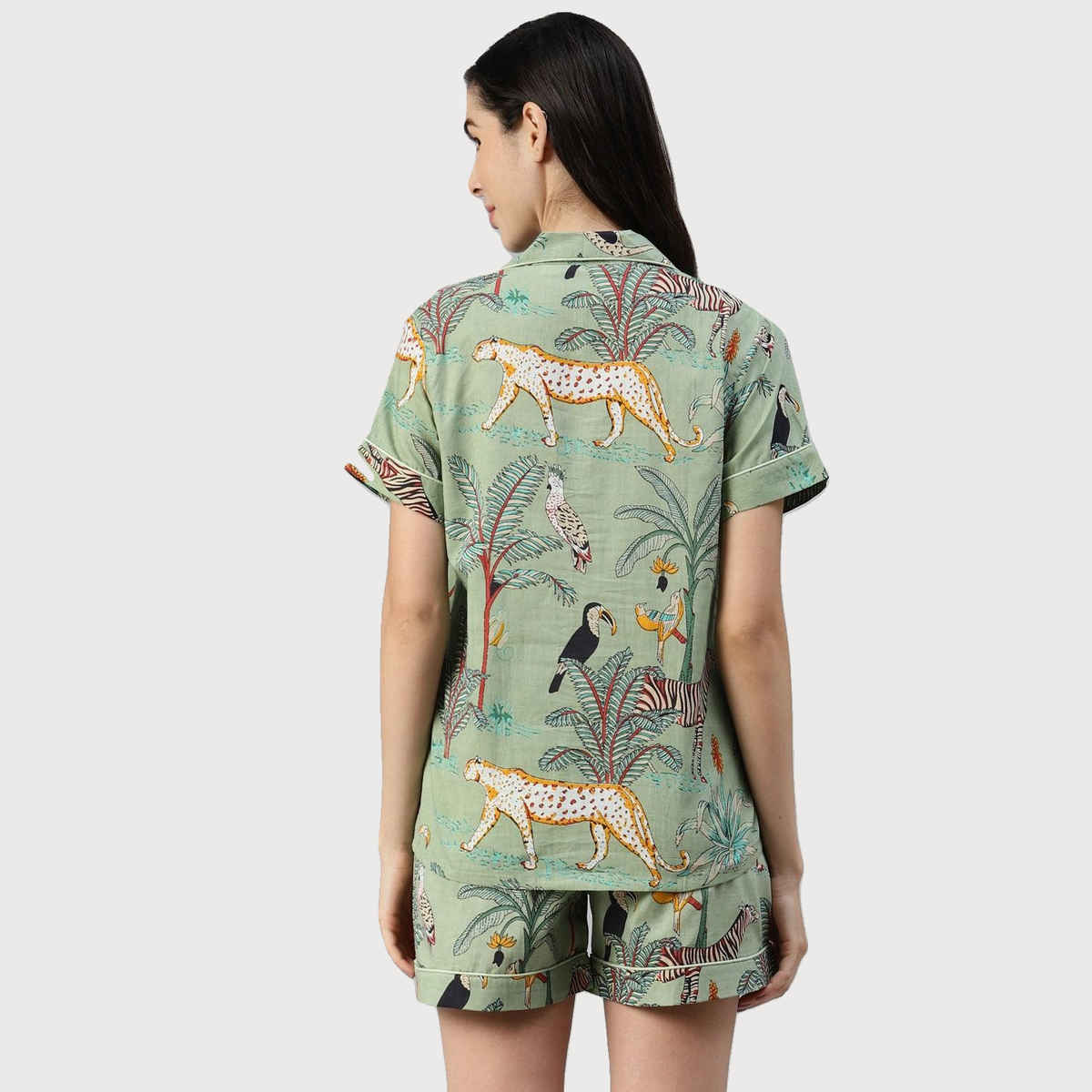Divena Women s Sea Green Cotton Animal Print Night Suit | DK0217 | XL