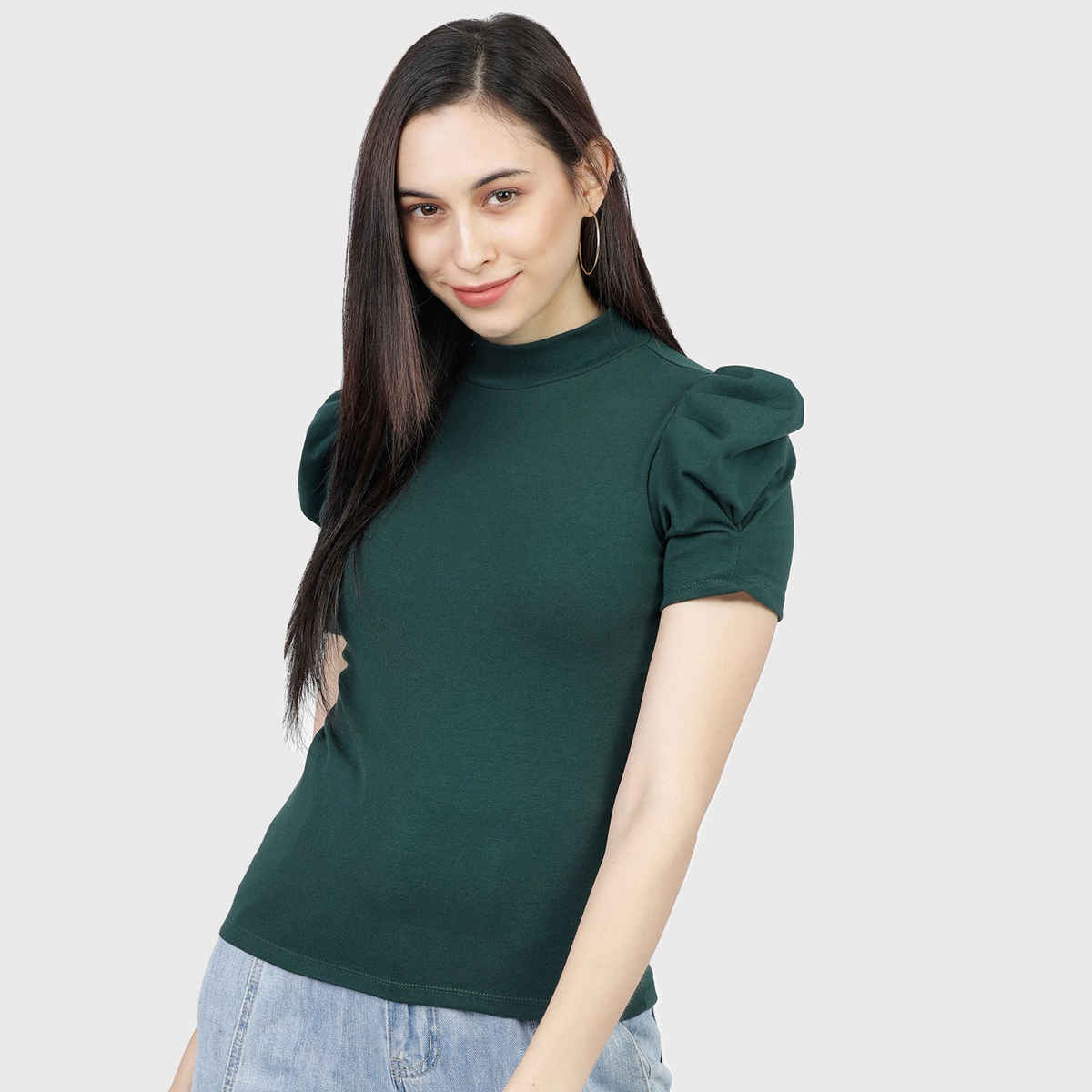 Tokyo Talkies Women's Puff Sleeve High Neck Fitted Top | Green - L