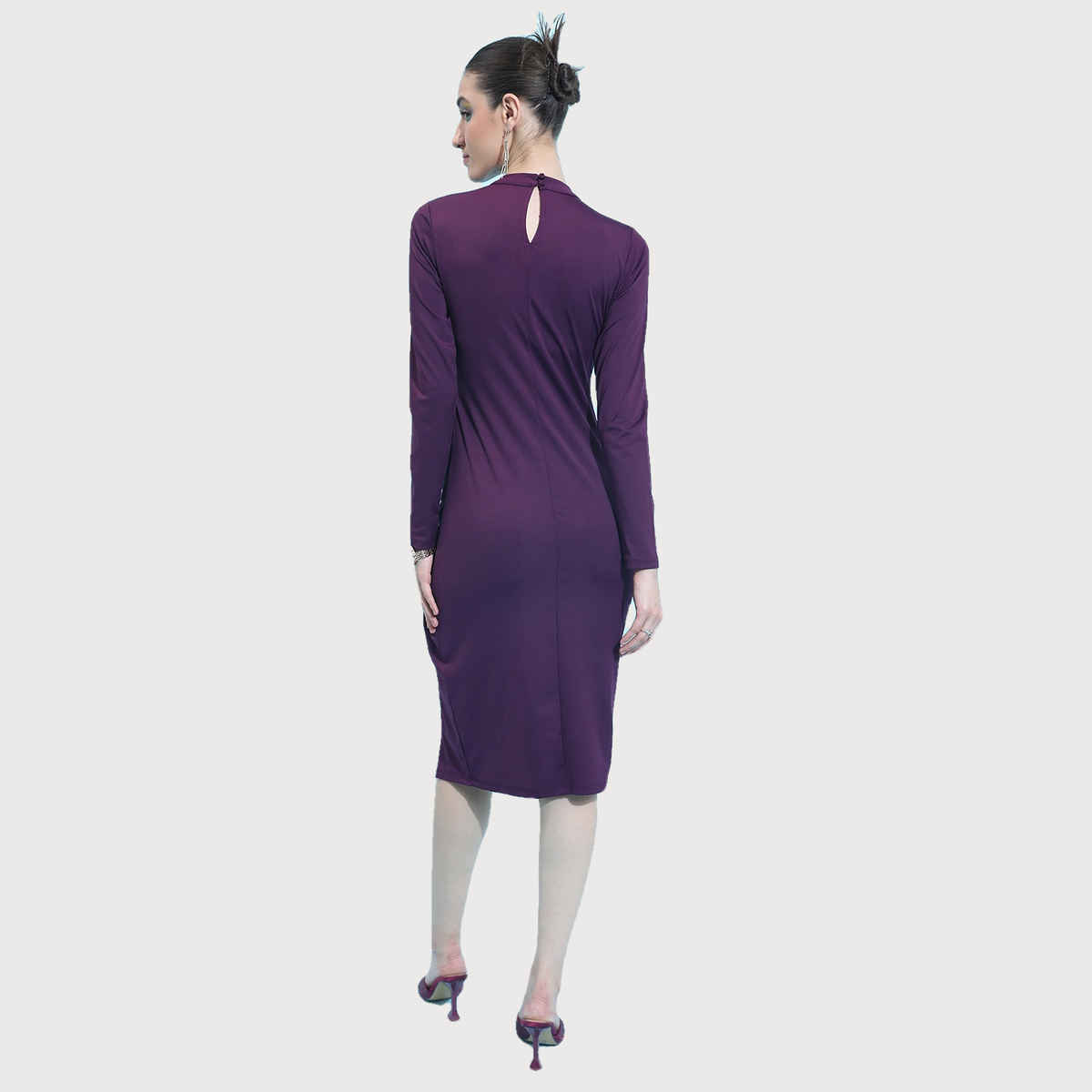 Ketch Women's High Neck Gathered Casual Sheath Midi Dress | Wine - XL
