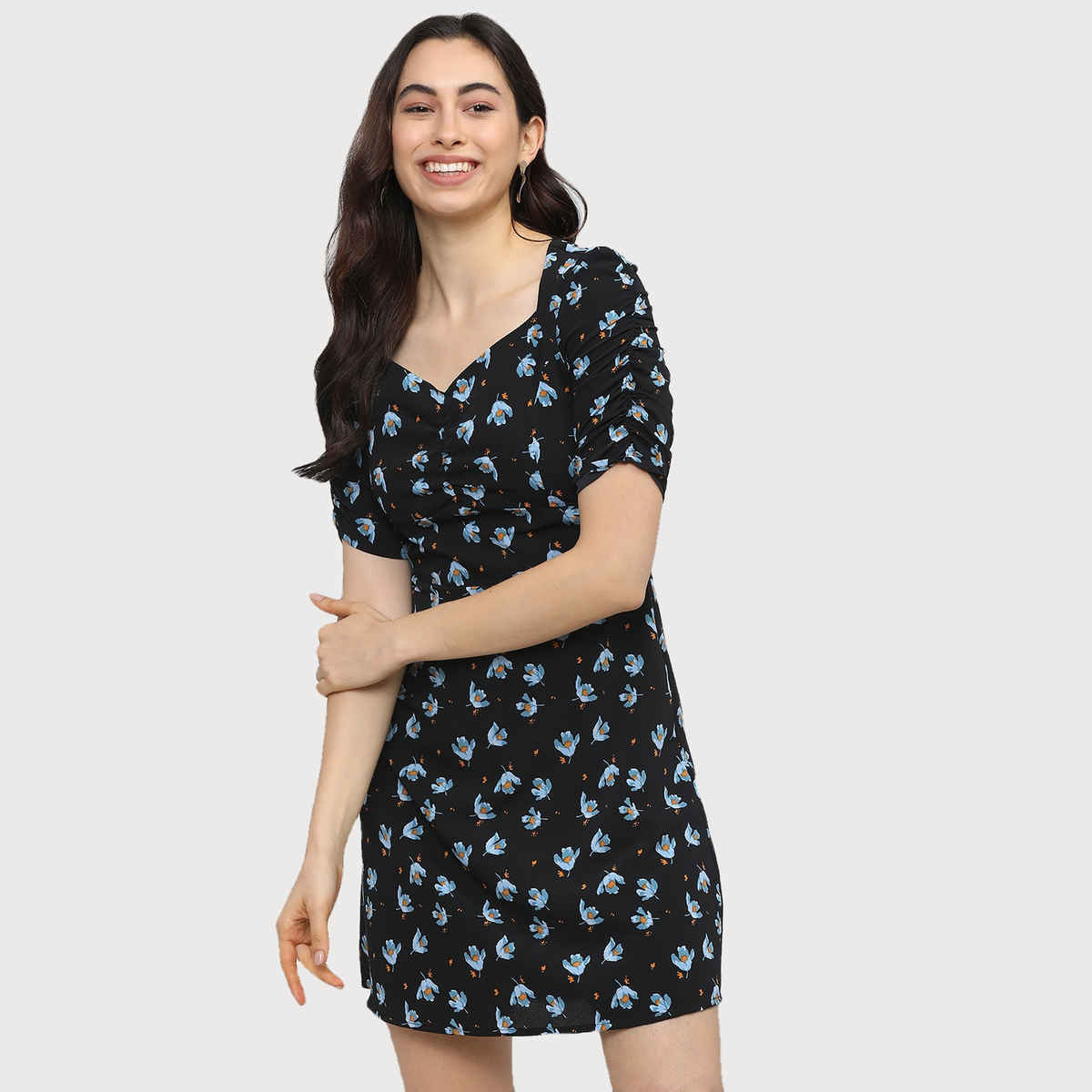 Tokyo Talkies Women's Black Floral Crepe A-Line Dress | Multicolour - S
