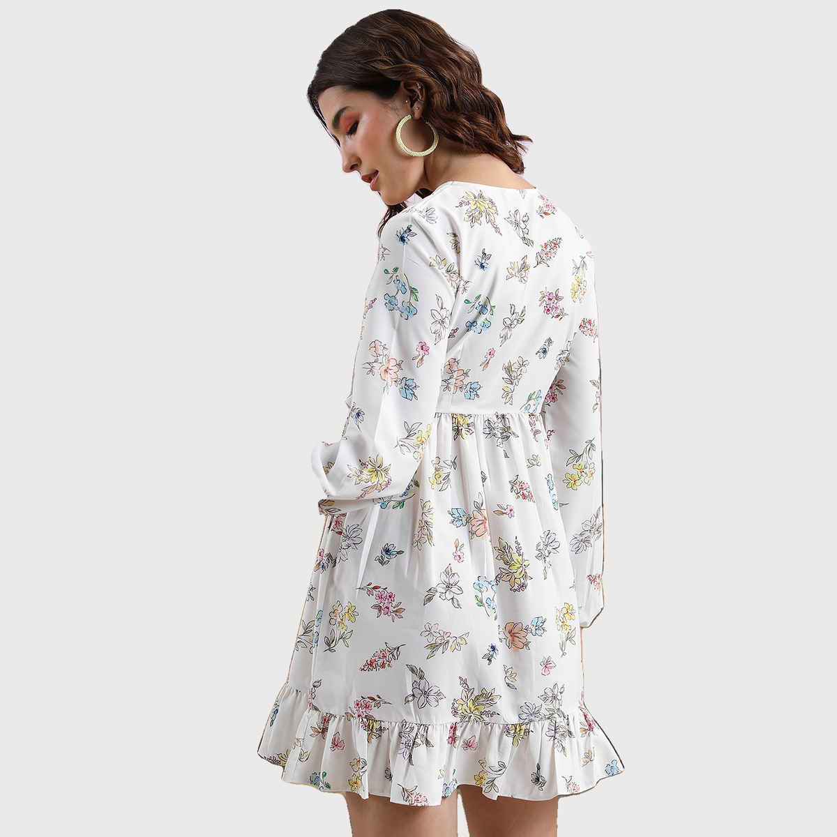 Ketch Women's Floral Printed Cuffed Sleeve Ruffled Wrap Dress | Off White | L