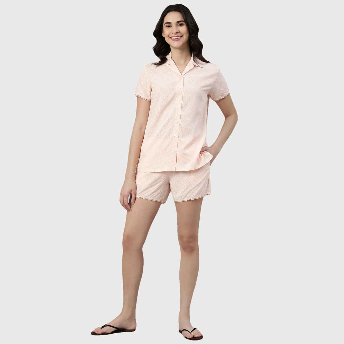 Enamor Essentials EC13 Women s Modal Woven Printed Shirt And Shorts Set | Pink | S
