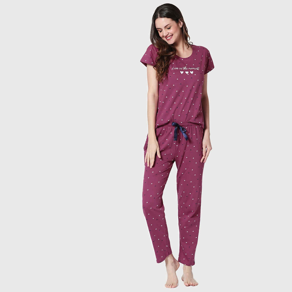 Zeyo Women Cotton Heart Printed Plum Red Night Suit Set of Top & Pyjama 5302-WN-5XL