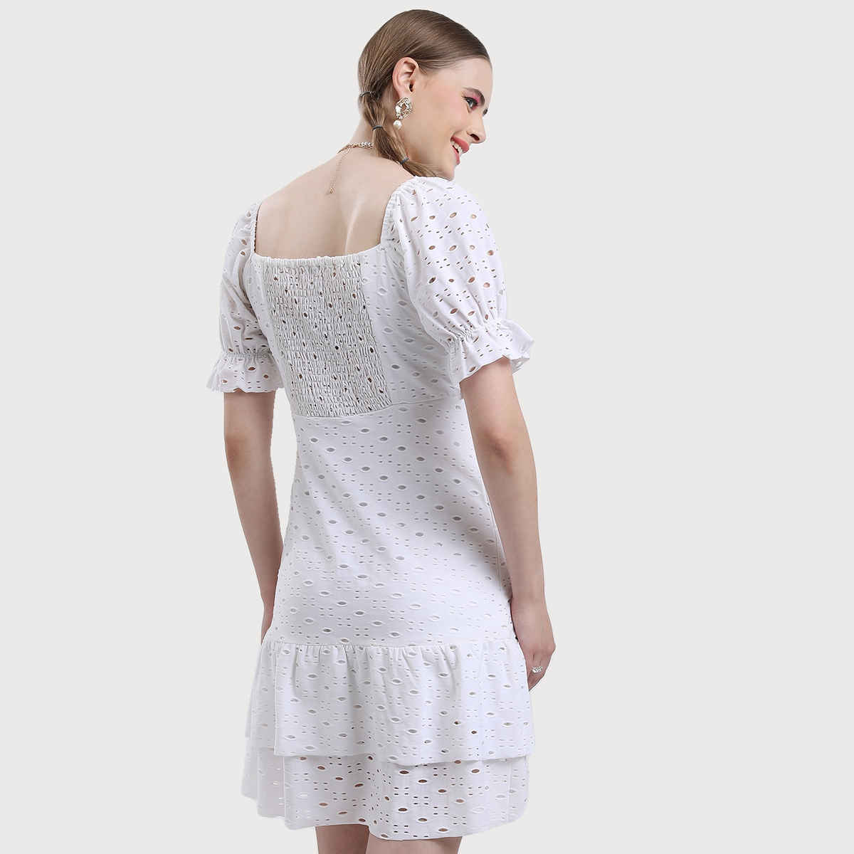 Ketch Women's Puff Sleeves Flounce Hem Schiffli Sheath Dress | White - M