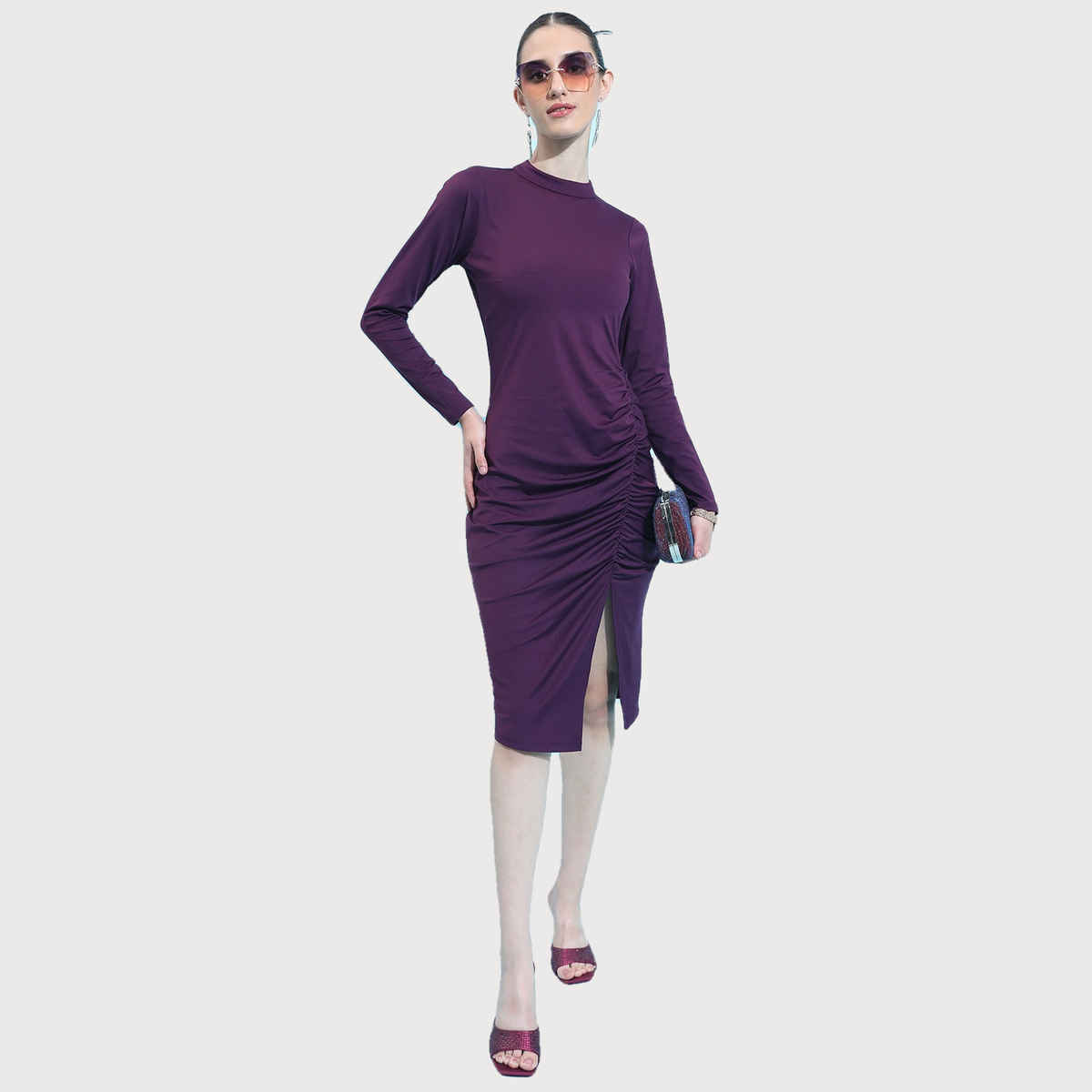 Ketch Women's High Neck Gathered Casual Sheath Midi Dress | Wine - XL