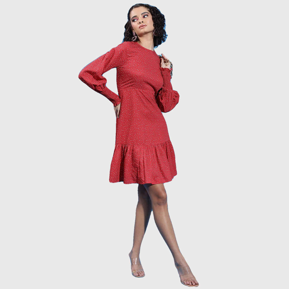 Ketch Women's Printed Smocked Bishop Sleeve Drop Dress | Red - M