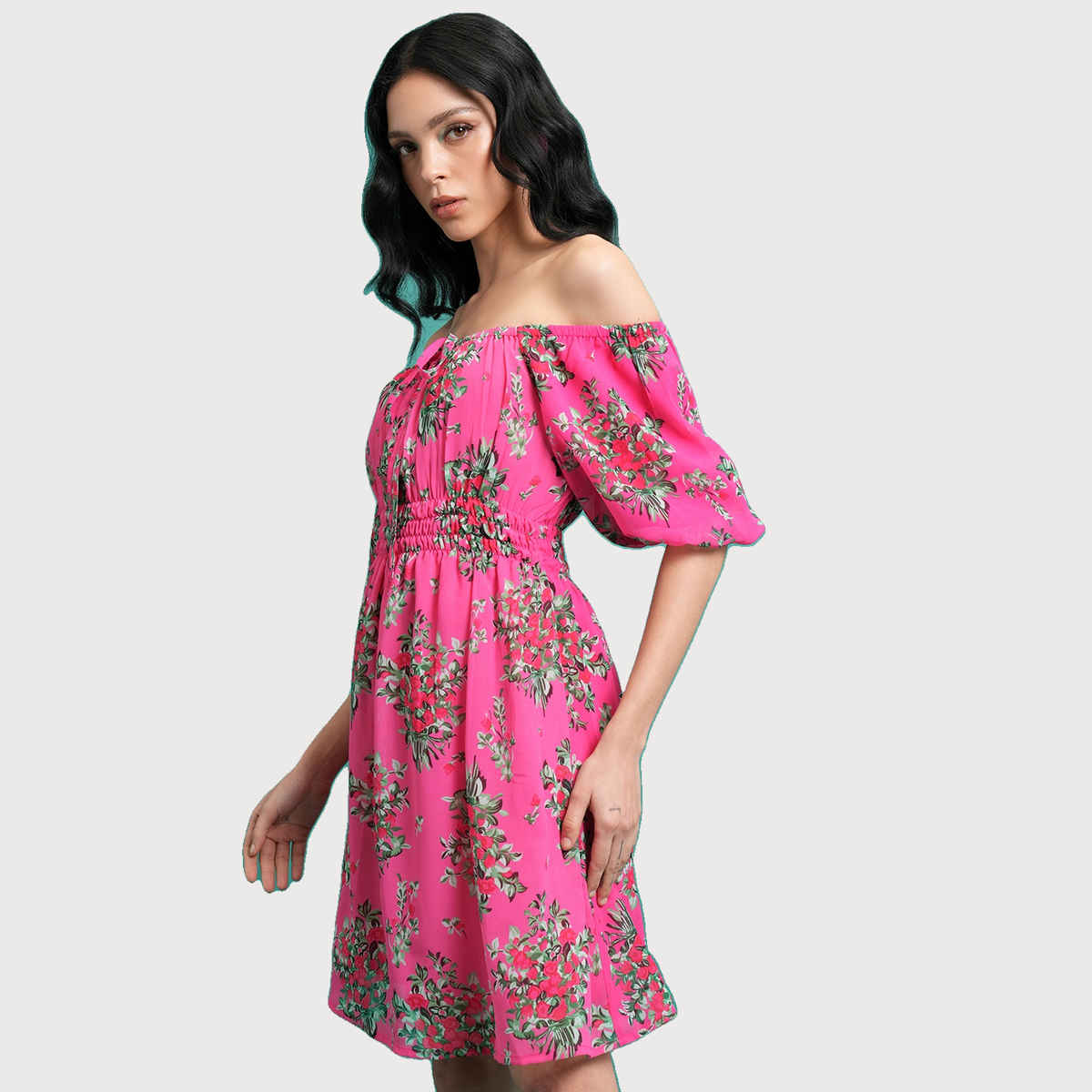 Ketch Women's Floral Printed Off-Shoulder Flared Sleeves Smocked Fit & Flare Mini Dress | Multicolor - S