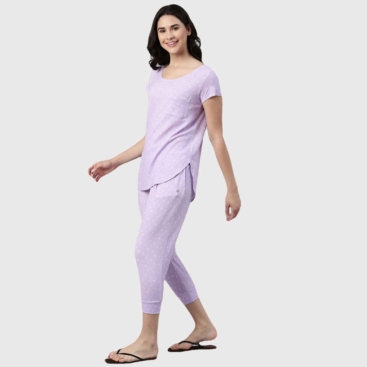 Enamor Essentials EC16 Women s Aop-Soft & Drapey All Over Printed Lounge Capri Set | Lavendar | S