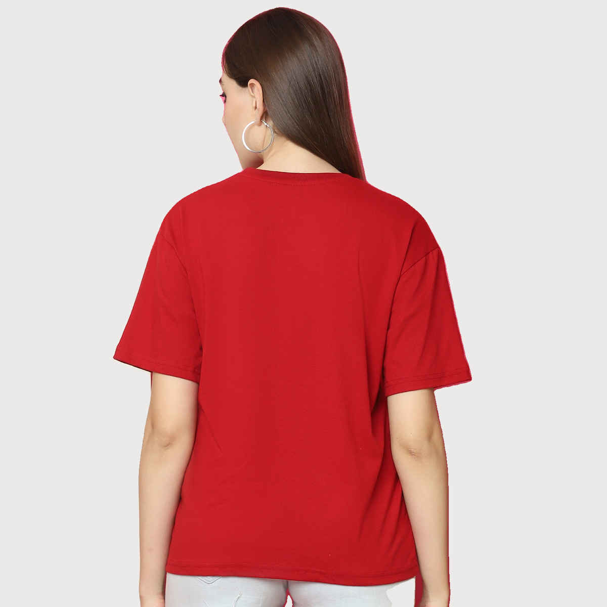Fabflee Women Oversize Cotton Printed Round Neck Tshirt | Red | FAB-OS-521 | L