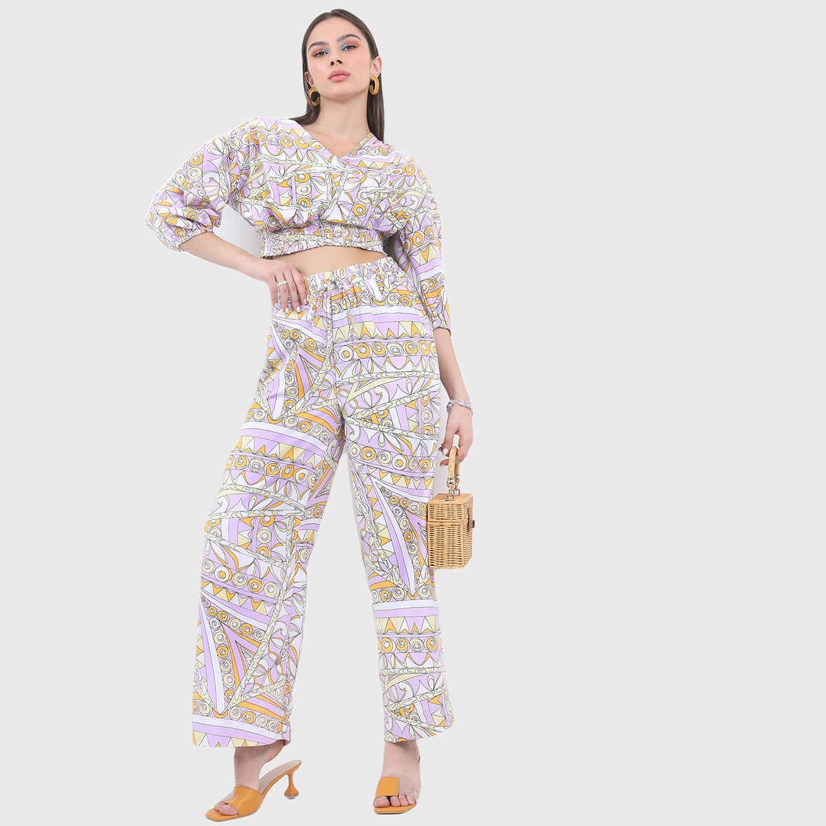 Ketch Women Abstract Printed Crop Top And Trousers Co-ords | Purple | XL