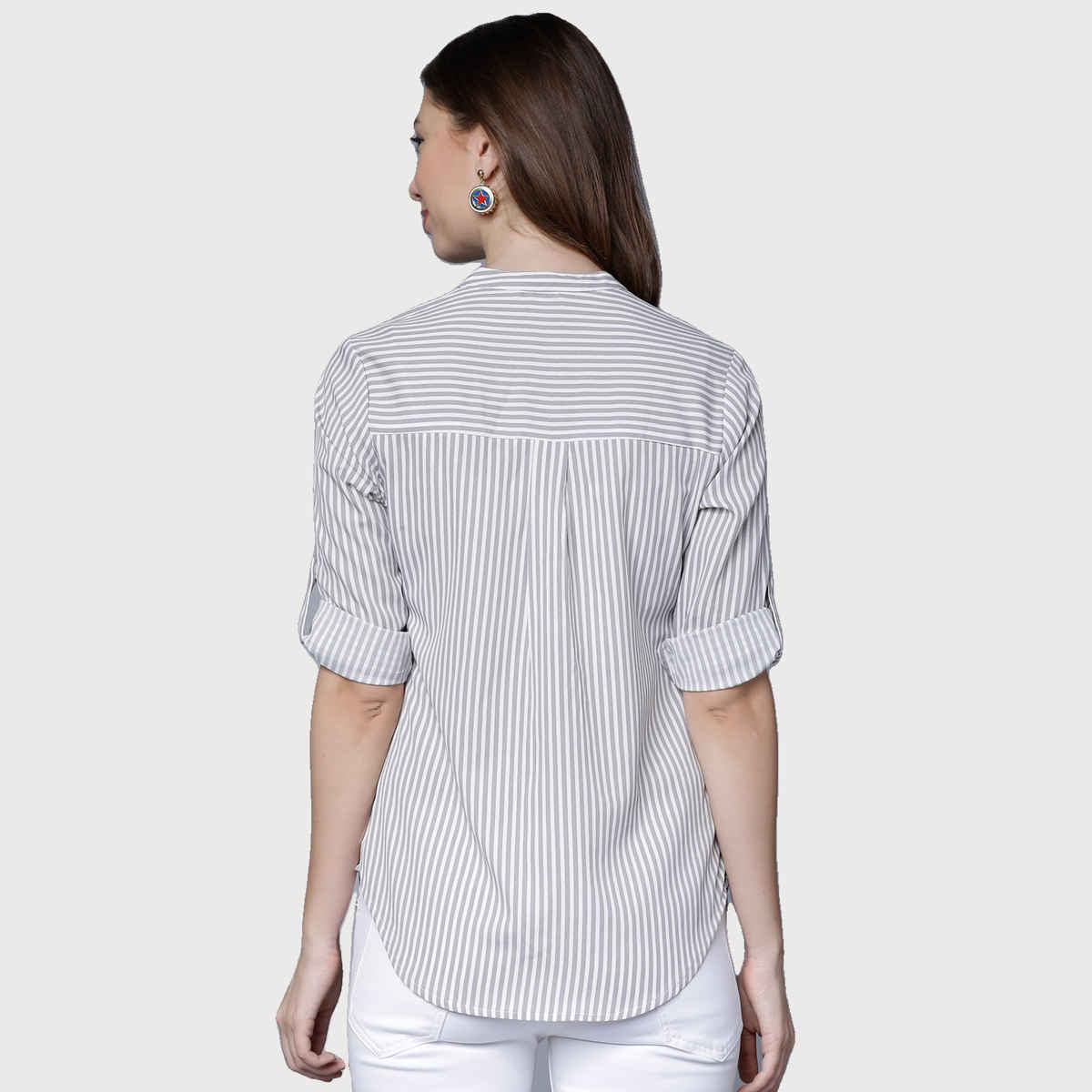 Tokyo Talkies Women's Casual Roll-up Sleeve Striped Top | Multicolor - M