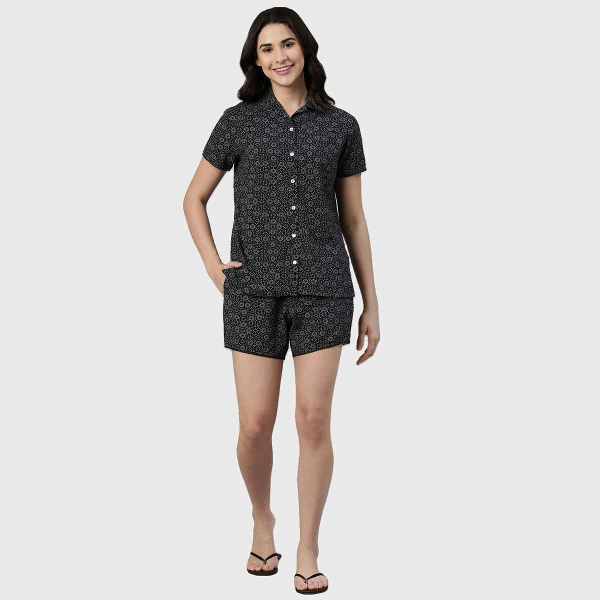 Enamor Essentials EC13 Women s Modal Woven Printed Shirt And Shorts Set | Black | L