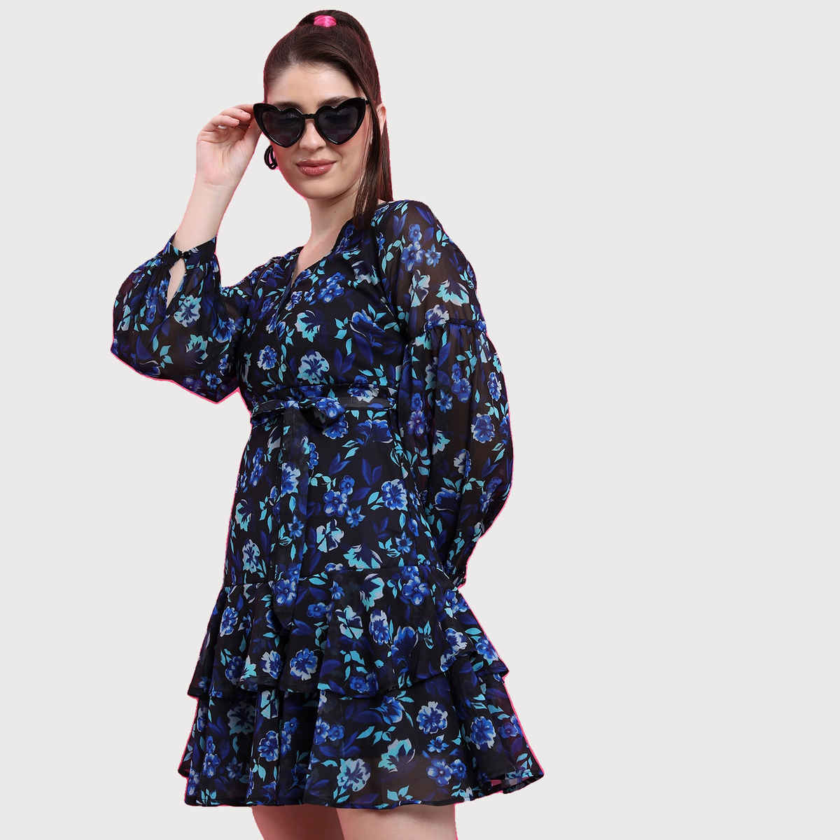 Ketch Women Blue & Black Floral Printed V-Neck Puff Sleeves Layered Fit & Flare Dress | Blue | M