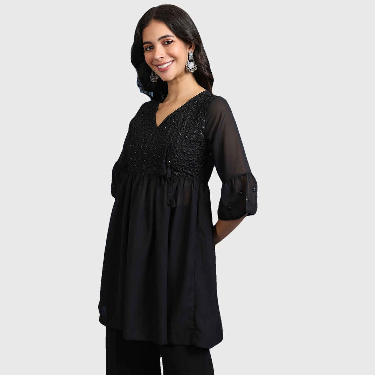 Ketch Women's Floral Embroidered Sequinned A-Line Angrakha Kurti | Black | L