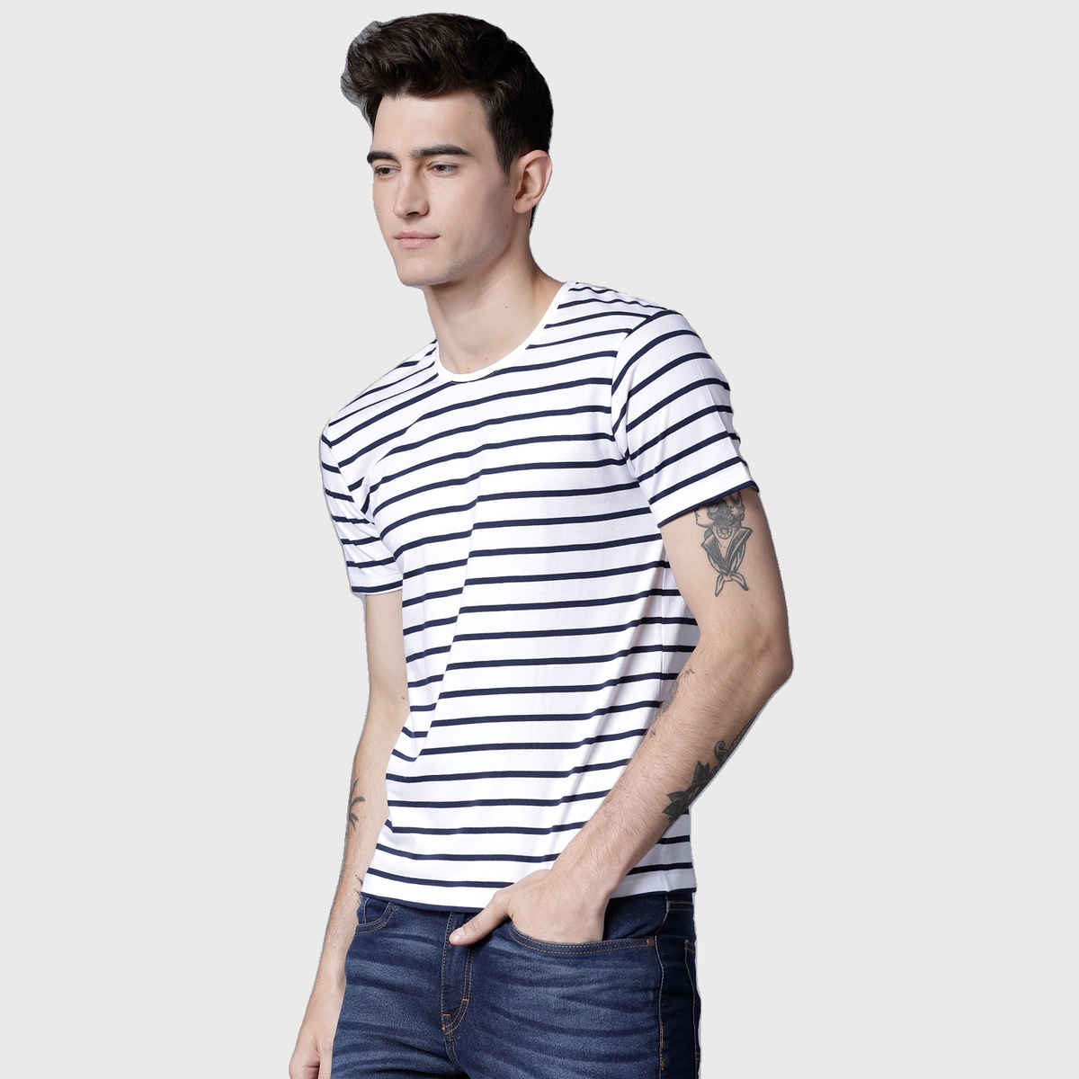 Highlander by Rohit Sharma Men's Slim Fit Cotton T-shirt - Peacoat Navy and White | L