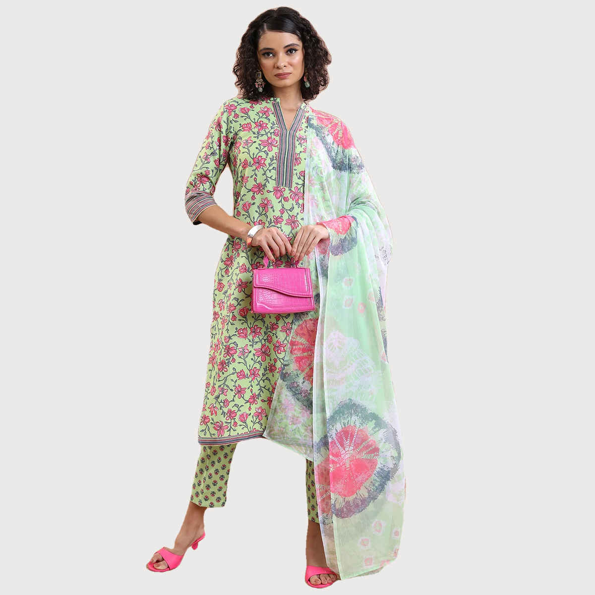 Ketch Women's Floral Printed Regular Kurta With Trousers Dupatta | Green | S