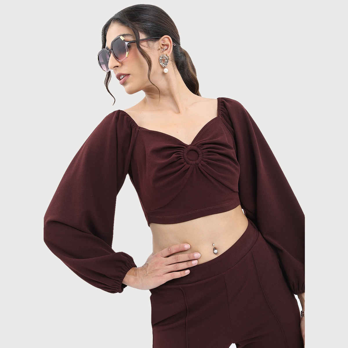 Ketch Women Sweetheart Neck Crop Top With Trousers Co-ords | Brown | M