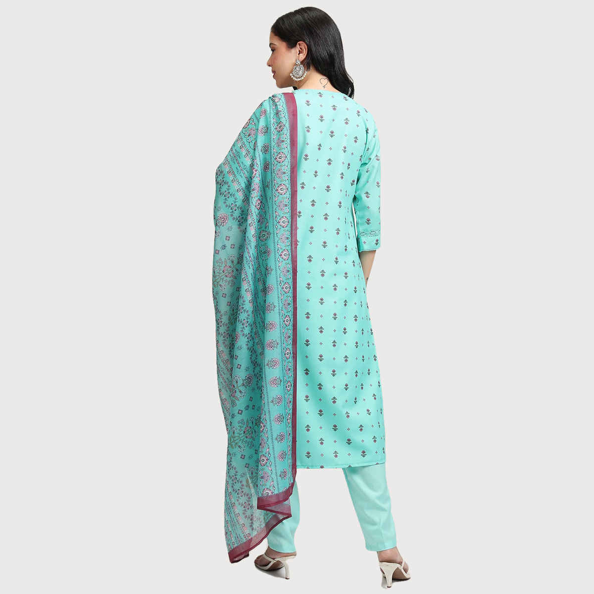 Ketch Women's Dusty Aqua Printed Straight Kurta With Slim Pants And Printed Dupatta | L