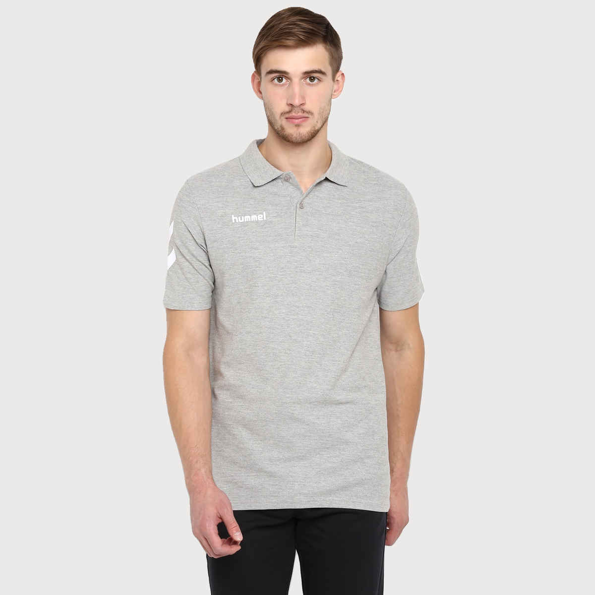 hummel Men's Go Polo Neck Solid Regular Fit Cotton Poly T-shirt | Grey Melange - XL