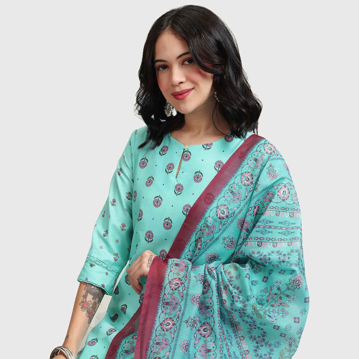 Ketch Women's Dusty Aqua Printed Straight Kurta With Slim Pants And Printed Dupatta | L