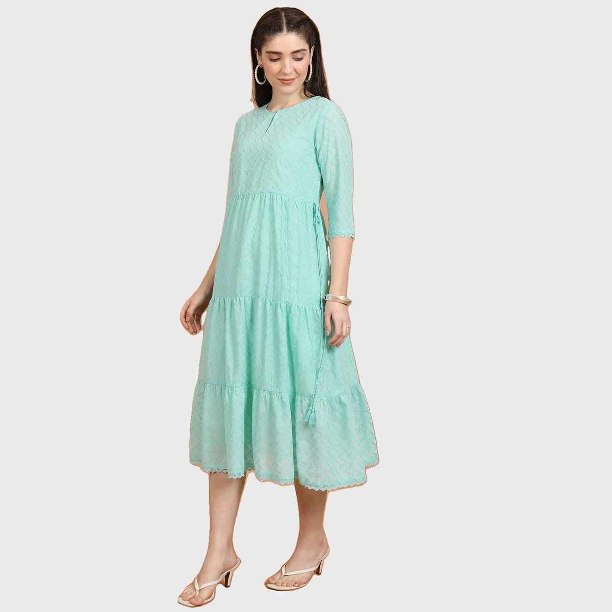 Ketch Women Self Designed Keyhole Neck A-Line Midi Dress | Sea Green | XL