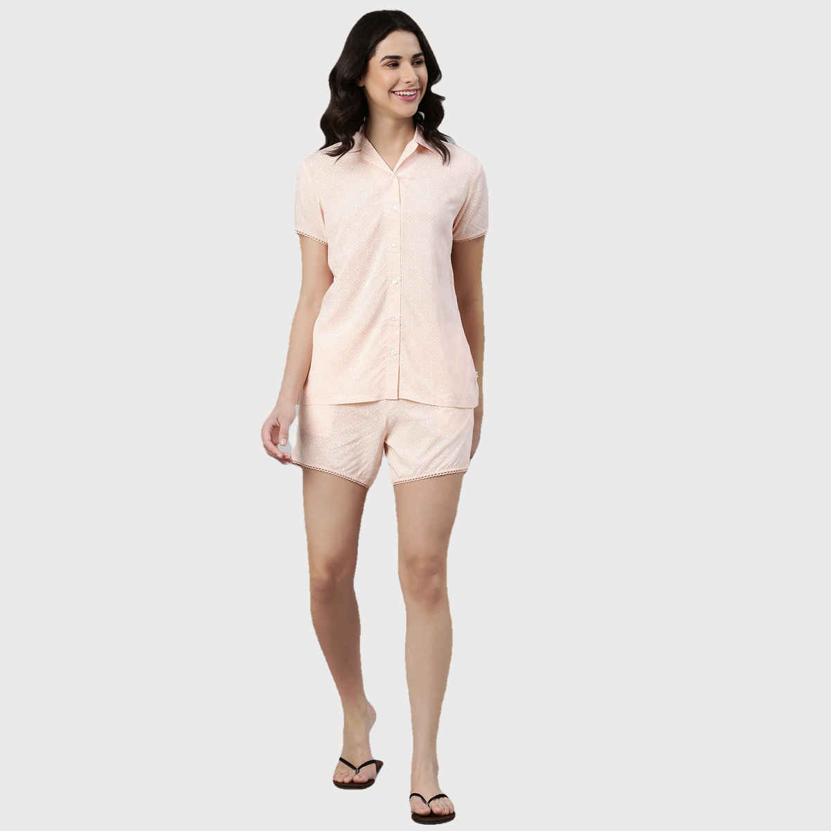 Enamor Essentials EC13 Women s Modal Woven Printed Shirt And Shorts Set | Pink | S
