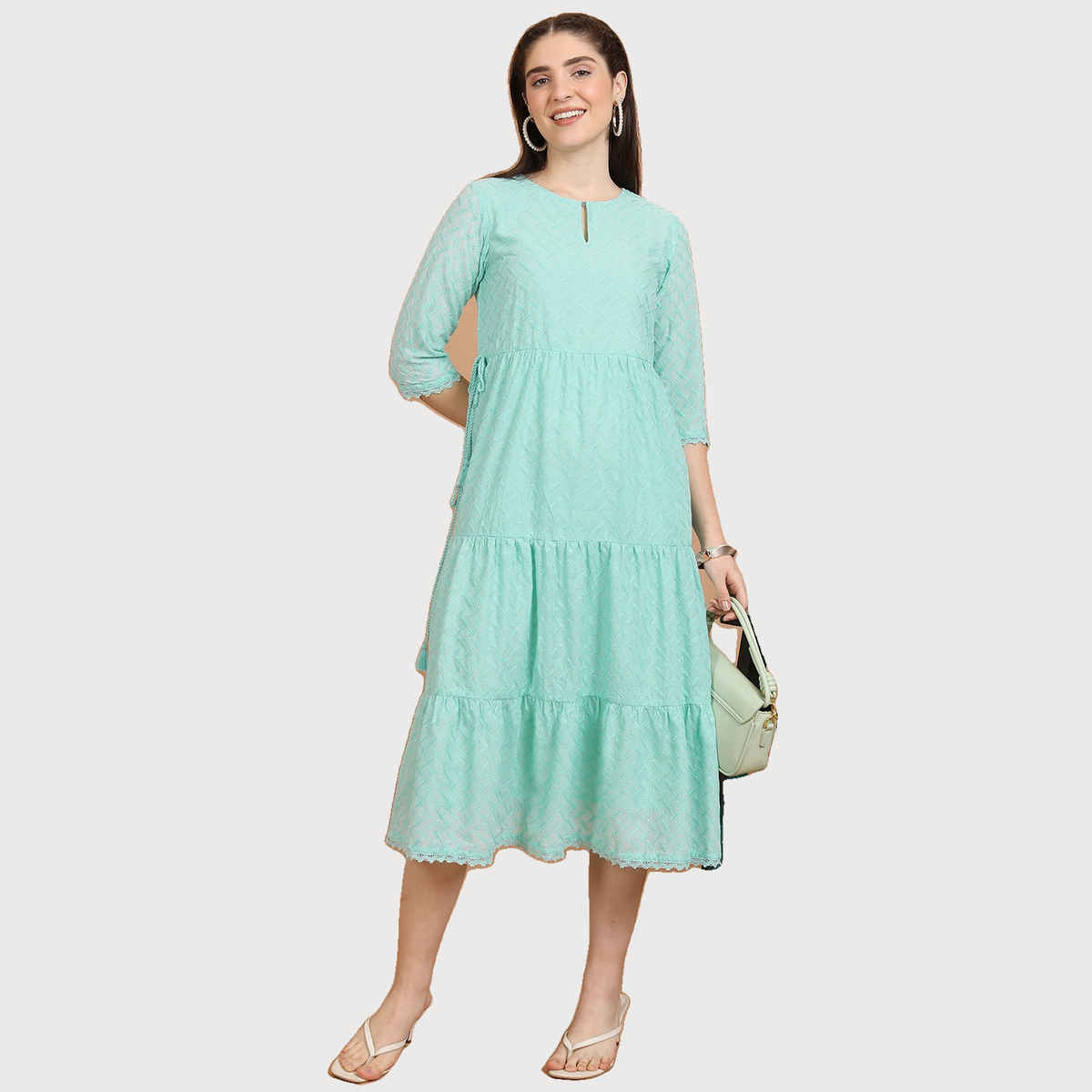 Ketch Women Self Designed Keyhole Neck A-Line Midi Dress | Sea Green | S