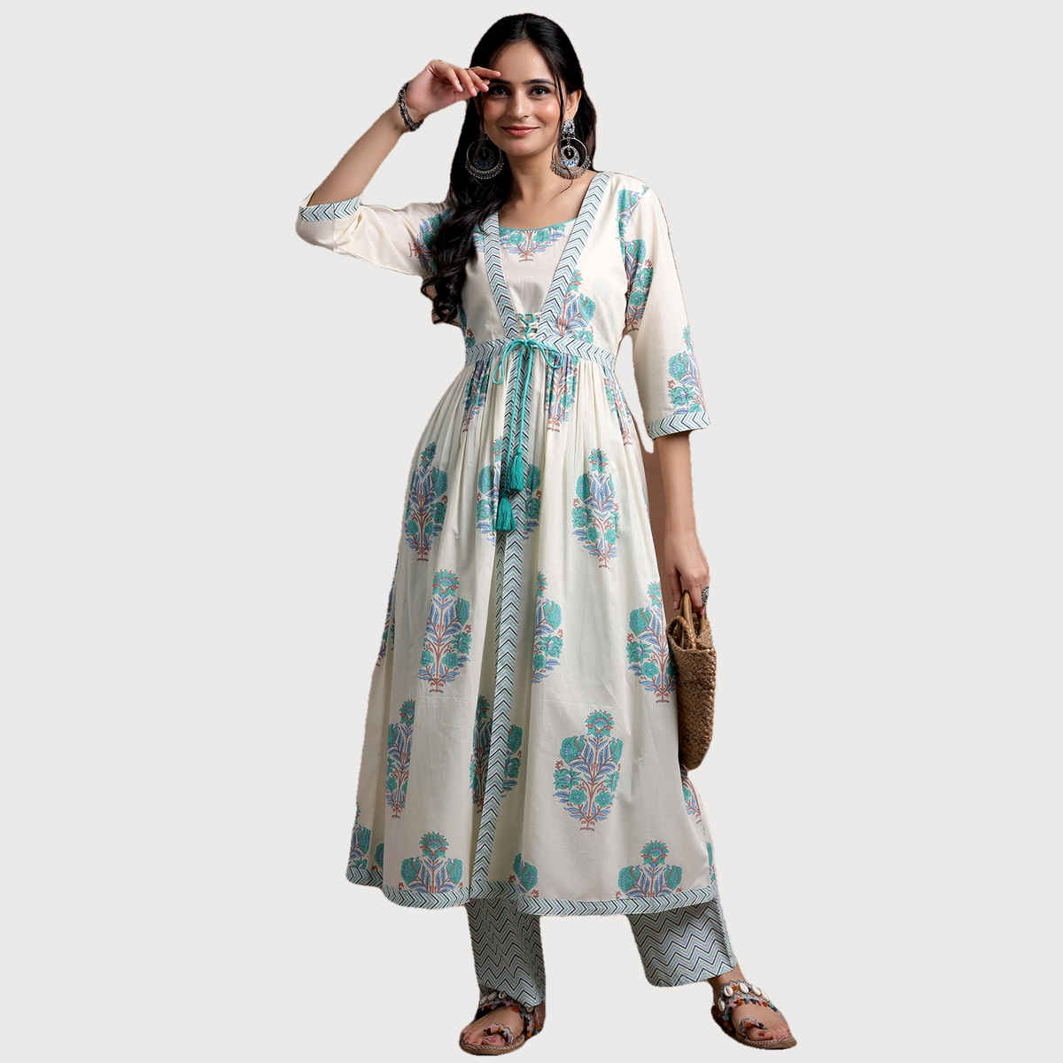 Libas Women's Off white Printed Cotton Straight Kurta Set | M