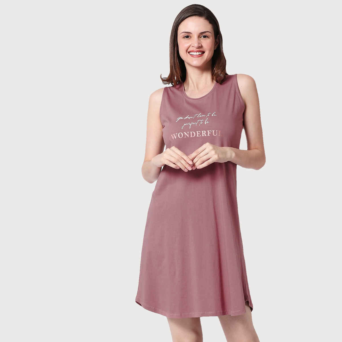Zeyo Women Cotton Night Dress Printed Brown Knee Length Night Gown 5325-BR- XXL