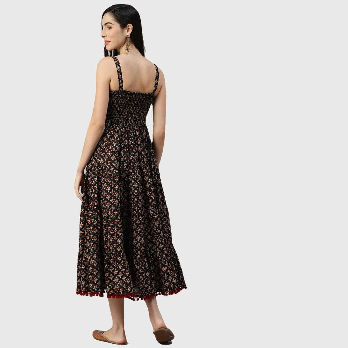 Divena Floral Printed Shoulder Strip Long Women's Dress | DK0719 | Black - L