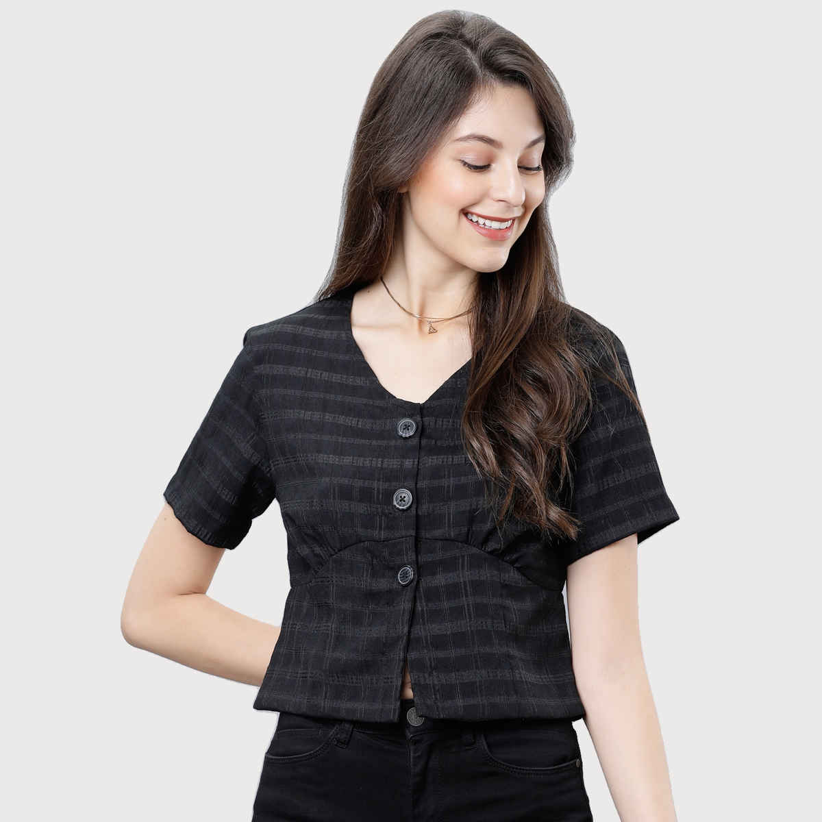 Tokyo Talkies Women's Checked Crop Empire Top | Black - S