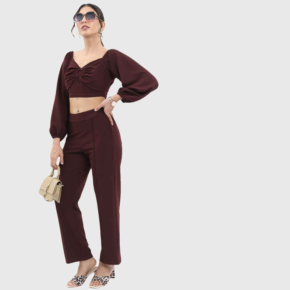 Ketch Women Sweetheart Neck Crop Top With Trousers Co-ords | Brown | M
