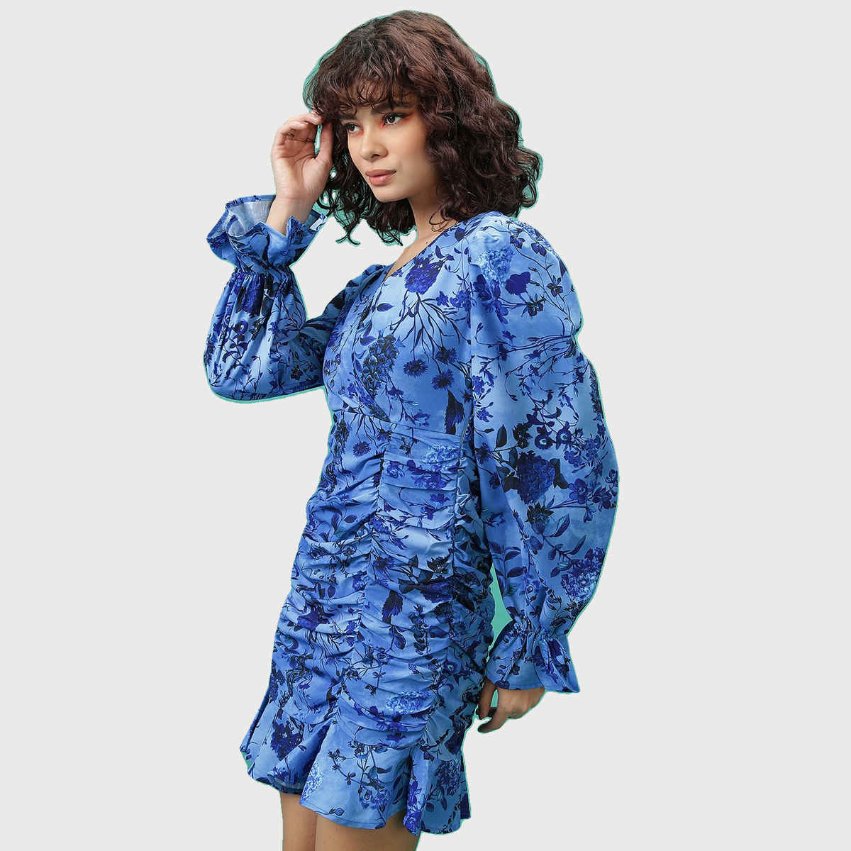 Ketch Women's Floral Printed Bell Sleeves Ruched Sheath Dress | Blue - S