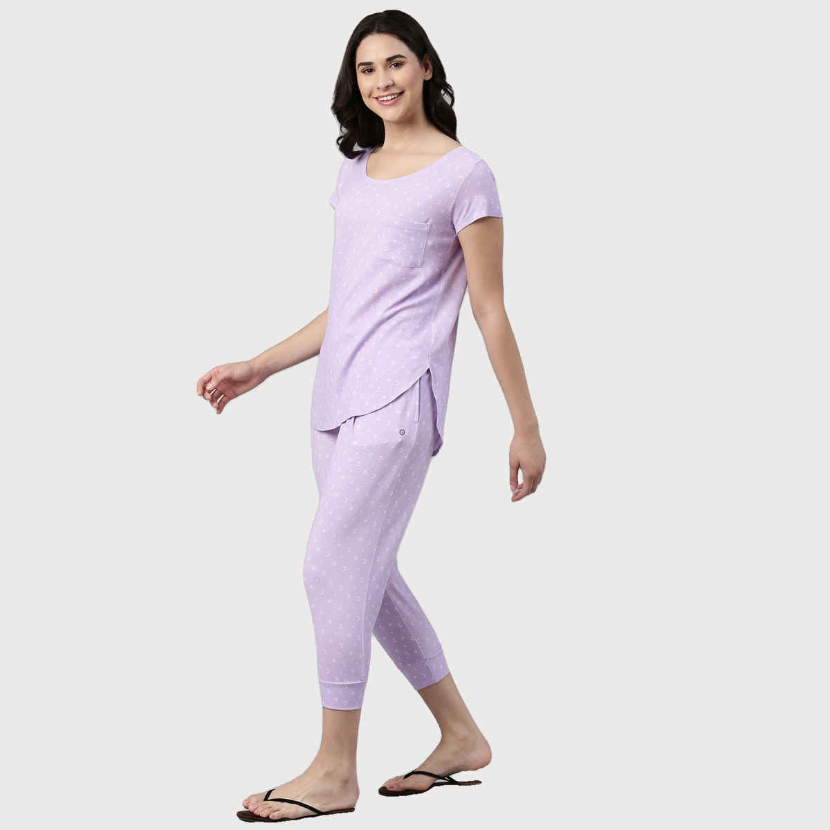 Enamor Essentials EC16 Women s Aop-Soft & Drapey All Over Printed Lounge Capri Set | Lavendar | L