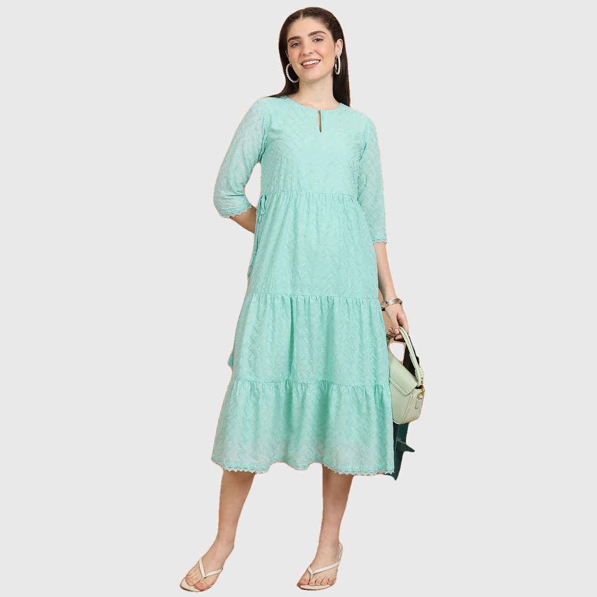 Ketch Women Self Designed Keyhole Neck A-Line Midi Dress | Sea Green | XL