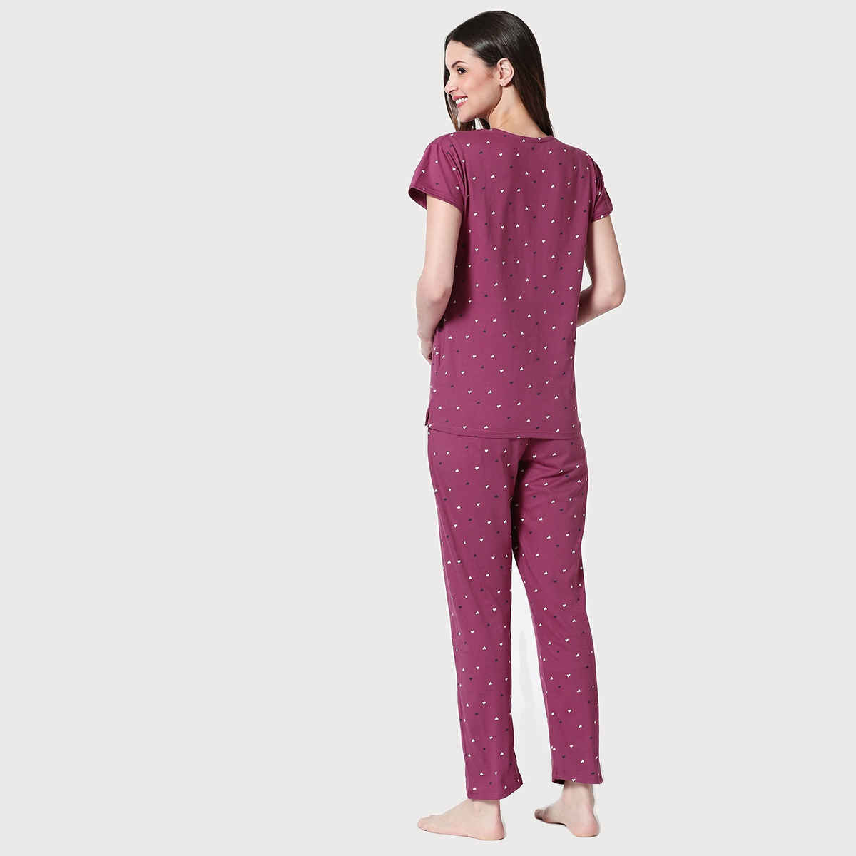 Zeyo Women Cotton Heart Printed Plum Red Night Suit Set of Top & Pyjama 5302-WN-5XL
