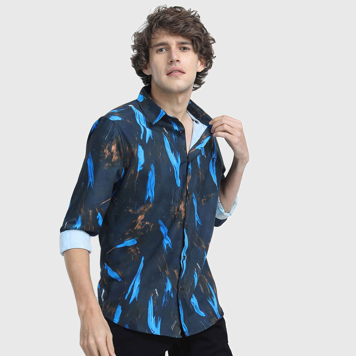 Highlander Men's Slim Fit Abstract Printed Casual Shirt - Black and Blue | L