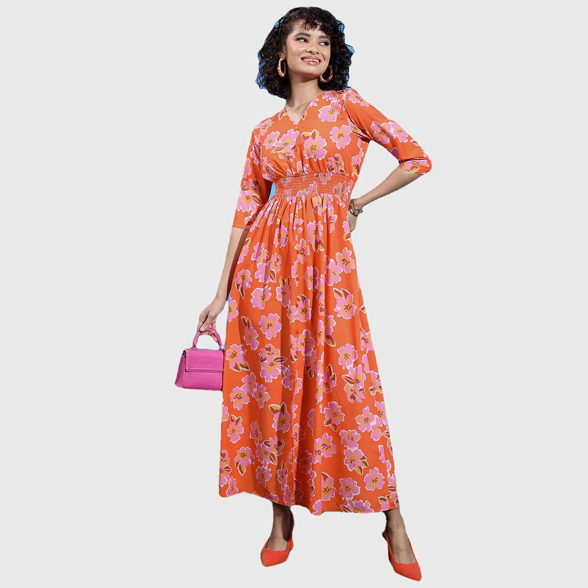 Ketch Women's Floral Printed V-Neck Smocked Fit & Flare Maxi Dress | Orange - XL