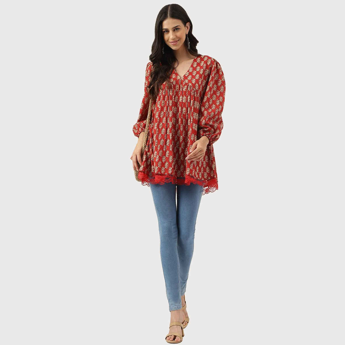 Divena Women's Floral Cotton Pemplum Style Tunic | DK0900 | Red | L