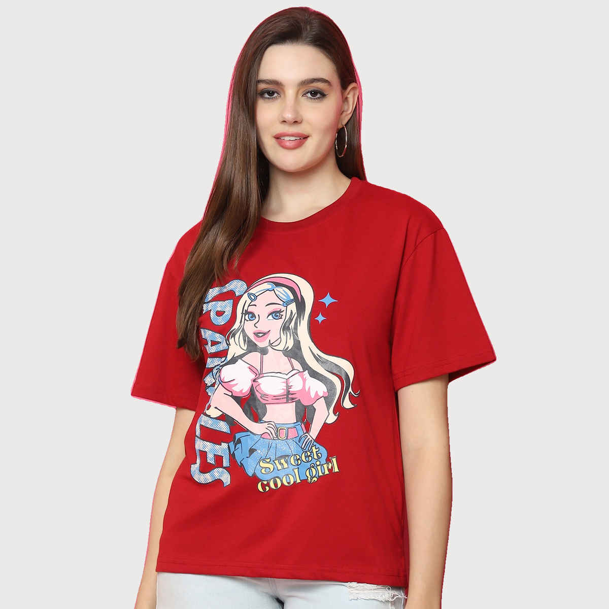 Fabflee Women Oversize Cotton Printed Round Neck Tshirt | Red | FAB-OS-521 | L